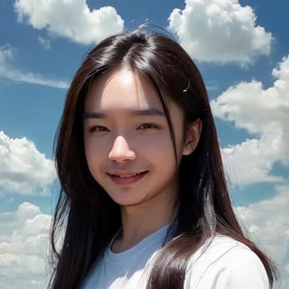 (1boy:1.2), (big smile), beautiful face, Amazing face and eyes, long silky brown hair, wearing white t shirt, delicate, (Best Quality:1.4), (Ultra-detailed), (extremely detailed beautiful face), cute smile, brown eyes, (highly detailed Beautiful face), (summer high school uniform:1.2), (extremely detailed CG unified 8k wallpaper), Highly detailed, High-definition raw color photos, Professional Photography, Realistic portrait, Extremely high resolution, smiling, (Clouds all over the sky, cloudy sky, lots of clouds:1.5), (cloudy day:1.5), half figure