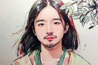 solo, looking at viewer, black hair, 1boy, closed mouth, upper body, male focus, japanese clothes, tree, leaf, traditional media, facing viewer, realistic, rnhg ,sketch art,watercolor,rha30,fujimotostyle, (Thinning hair baldness)