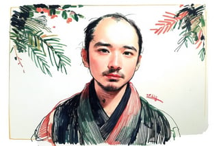 solo, looking at viewer, black hair, 1boy, closed mouth, upper body, male focus, japanese clothes, tree, leaf, traditional media, facing viewer, realistic, rnhg ,sketch art,watercolor,rha30,fujimotostyle, (Thinning hair baldness)