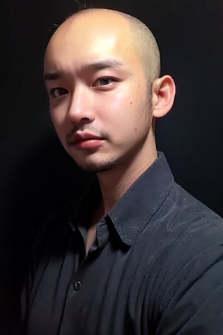 1boy, solo, looking at viewer, Navy blue background, shirt, brown eyes, upper body, lips, portrait, (thin hair), wide forehead, little bald, short hair, rnhg,