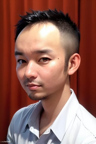 1boy, solo, looking at viewer, simple background, shirt, brown eyes, upper body, lips, portrait, (thin hair), wide forehead, little bald, short hair, rnhg