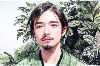 solo, looking at viewer, black hair, 1boy, closed mouth, upper body, male focus, japanese clothes, tree, leaf, traditional media, facing viewer, realistic, rnhg ,sketch art,watercolor,rha30,fujimotostyle, (Thinning hair baldness)