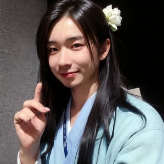 4k,best quality,masterpiece,20yo 1boy,(traditional Japanese costume, alluring smile, head ornaments 

(Beautiful and detailed eyes),
Detailed face, detailed eyes, double eyelids ,thin face, real hands, muscular fit body, semi visible abs, ((short hair with long locks:1.2)), black hair, black background,


real person, color splash style photo,
