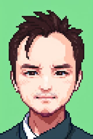 1boy, solo, looking at viewer, simple background, shirt, brown eyes, upper body, lips, portrait, (thin hair), wide forehead, little bald, short hair, rnhg,Pixel art