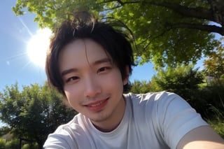 Masterpiece, top quality, high definition, artistic composition, 1 boy, upper body, composition from below, smiling, cotton shirt, looking at me, blue sky, sunlight through trees, casual, portrait, warm, reaching out,rnhg