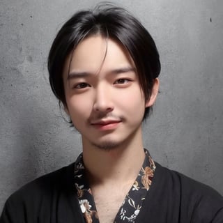 4k,best quality,masterpiece,20yo 1boy,(traditional Japanese costume, alluring smile, head ornaments 

(Beautiful and detailed eyes),
Detailed face, detailed eyes, double eyelids ,thin face, real hands, muscular fit body, semi visible abs, ((short hair locks:1.2)), black hair, black background,


real person, color splash style photo,
