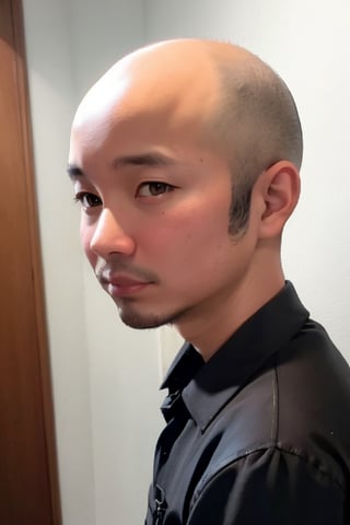 1boy, solo, looking at viewer, simple background, shirt, brown eyes, upper body, lips, portrait, (thin hair), wide forehead, little bald, short hair, rnhg