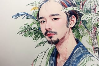 solo, looking at viewer, black hair, 1boy, closed mouth, upper body, male focus, japanese clothes, tree, leaf, traditional media, facing viewer, realistic, rnhg ,sketch art,watercolor,rha30,fujimotostyle, (Thinning hair baldness)