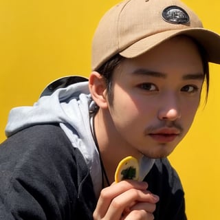 solo, simple background, brown hair, 1boy, hat, jewelry, upper body, male focus, food, fruit, ring, yellow background, realistic, what, lemon