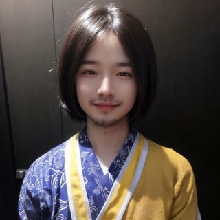 4k,best quality,masterpiece,20yo 1boy,(traditional Japanese costume, alluring smile, head ornaments 

(Beautiful and detailed eyes),
Detailed face, detailed eyes, double eyelids ,thin face, real hands, muscular fit body, semi visible abs, ((short hair locks:1.2)), black hair, black background,


real person, color splash style photo,
