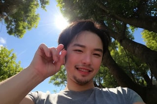 Masterpiece, top quality, high definition, artistic composition, 1 boy, upper body, composition from below, smiling, cotton shirt, looking at me, blue sky, sunlight through trees, casual, portrait, warm, reaching out,rnhg