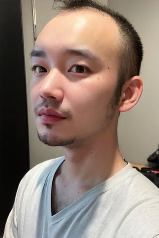 1boy, solo, looking at viewer, simple background, shirt, brown eyes, upper body, lips, portrait, (thin hair), wide forehead, little bald, short hair, rnhg,