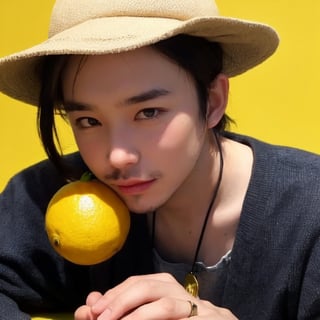 solo, simple background, brown hair, 1boy, hat, jewelry, upper body, male focus, food, fruit, ring, yellow background, realistic, what, lemon