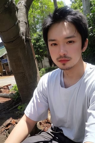 solo, looking at viewer, shirt, black hair, 1boy, jewelry, white shirt, upper body, short sleeves, male focus, outdoors, day, black eyes, bracelet, tree, realistic, bead bracelet, photo background, Thinning hair baldness