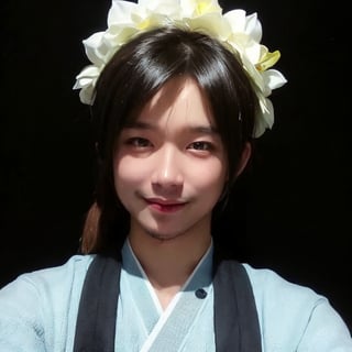 4k,best quality,masterpiece,20yo 1boy,(traditional Japanese costume, alluring smile, head ornaments 

(Beautiful and detailed eyes),
Detailed face, detailed eyes, double eyelids ,thin face, real hands, muscular fit body, semi visible abs, ((short hair locks:1.2)), black hair, black background,


real person, color splash style photo,
