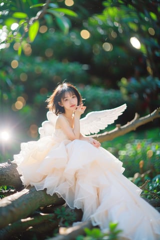 miniature world, a small angel, chibi, lovely white dress, sitting on a branch, in the woods, holding a glowing ice star, magical, fantasy, dreamy, . shallow depth of field, vignette, highly detailed, high budget, bokeh, cinemascope, moody, epic, gorgeous, film grain, grainy, cinematic film, alive,