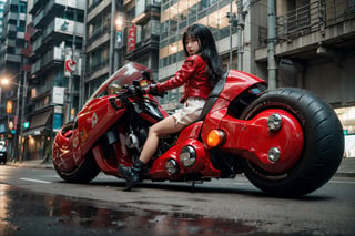 (Realistic, Photorealistic: 1.3), Original, Masterpiece, 16K, High Contrast, (Highest Resolution Illustration), Photorealistic: 1.3, Side Light, ((Exquisite Details and Textures)), Cinematic Shot, Ultra Realistic Photo, Siena Natural Proportions, Full Body View, ((Long White Hair, Bangs)), ((1 Girl on a Blue Motorcycle, Wearing a Tight Red and White Leather Jacket)), Detailed Face, Abdomen, ((Kaneda Motorcycle in Perfect Detail)), (AKIRA), Cyberpunk City at Night, ((Futuristic)), sprbk