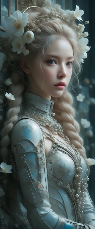 breathtaking ethereal RAW photo of female (A close-up portrait of an albino woman with pastel tones, depicted in a futuristic style. She has an intricate, elaborate hairstyle with multiple braids adorned with pearls and flowers, but with a modern twist. Her hair is white, and she has blue eyes with light freckles on her face. She is dressed in an opulent, high-tech outfit with metallic and holographic elements, and delicate jewelry with futuristic designs. The background is a sleek, high-tech interior with soft, ambient lighting that highlights the details of her attire and accessories. The overall aesthetic blends fantasy and science fiction, emphasizing intricate craftsmanship and a serene expression.

 )), dark and moody style, perfect face, outstretched perfect hands . masterpiece, professional, award-winning, intricate details, ultra high detailed, 64k, dramatic light, volumetric light, dynamic lighting, Epic, splash art .. ), by james jean $, roby dwi antono $, ross tran $. francis bacon $, michal mraz $, adrian ghenie $, petra cortright $, gerhard richter $, takato yamamoto $, ashley wood, tense atmospheric, , , , sooyaaa,IMGFIX,Comic Book-Style,Movie Aesthetic,action shot,photo r3al,bad quality image,oil painting, cinematic moviemaker style,Japan Vibes,H effect,koh_yunjung ,koh_yunjung,kwon-nara,sooyaaa,colorful,bones,skulls,armor,han-hyoju-xl
,DonMn1ghtm4reXL, ct-fujiii,ct-jeniiii, ct-goeuun,mad-cyberspace,FuturEvoLab-mecha,cinematic_grain_of_film,a frame of a animated film of,score_9,3D,style akirafilm,Wellington22A