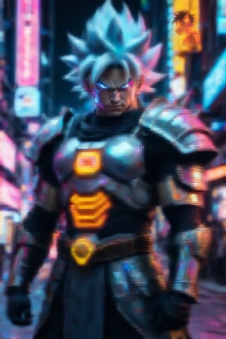 Dragon Ball Goku, wearing medieval armor, cyberpunk city, under neon lights.