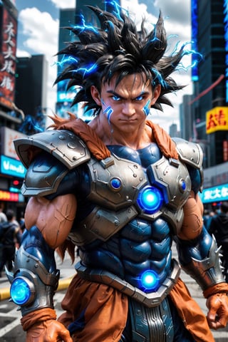 Super detailed live-action Dragon Ball Goku, strong exaggerated body, surrounded by blue energy, wearing armor, cyberpunk city, movie environment.