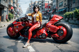 (Realistic, Photorealistic: 1.3), Original, Masterpiece, 16K, High Contrast, (Highest Resolution Illustration), Photorealistic: 1.3, Side Light, ((Exquisite Details and Textures)), Cinematic Shot, Ultra Realistic Photo, Siena Natural Proportions, Full Body View, ((White Short Hair, Bangs)), ((1 Girl on Motorcycle, Starcraft 2 Novaphoto, Wearing Yellow Tight Leather Jacket)), Detailed Face, Abdomen, ((Perfect Details Kaneda Motorcycle)), (AKIRA), Cyberpunk City Night, ((Futuristic)), sprbk