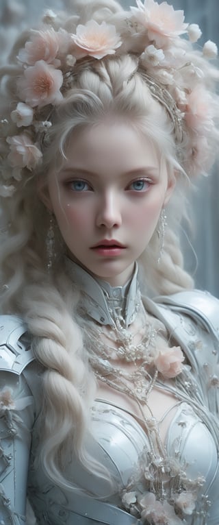 breathtaking ethereal RAW photo of female (A close-up portrait of an albino woman with pastel tones, depicted in a futuristic style. She has an intricate, elaborate hairstyle with multiple braids adorned with pearls and flowers, but with a modern twist. Her hair is white, and she has blue eyes with light freckles on her face. She is dressed in an opulent, high-tech outfit with metallic and holographic elements, and delicate jewelry with futuristic designs. The background is a sleek, high-tech interior with soft, ambient lighting that highlights the details of her attire and accessories. The overall aesthetic blends fantasy and science fiction, emphasizing intricate craftsmanship and a serene expression.

 )), dark and moody style, perfect face, outstretched perfect hands . masterpiece, professional, award-winning, intricate details, ultra high detailed, 64k, dramatic light, volumetric light, dynamic lighting, Epic, splash art .. ), by james jean $, roby dwi antono $, ross tran $. francis bacon $, michal mraz $, adrian ghenie $, petra cortright $, gerhard richter $, takato yamamoto $, ashley wood, tense atmospheric, , , , sooyaaa,IMGFIX,Comic Book-Style,Movie Aesthetic,action shot,photo r3al,bad quality image,oil painting, cinematic moviemaker style,Japan Vibes,H effect,koh_yunjung ,koh_yunjung,kwon-nara,sooyaaa,colorful,bones,skulls,armor,han-hyoju-xl
,DonMn1ghtm4reXL, ct-fujiii,ct-jeniiii, ct-goeuun,mad-cyberspace,FuturEvoLab-mecha,cinematic_grain_of_film,a frame of a animated film of,score_9,3D,style akirafilm,Wellington22A