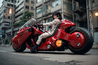 (Realistic, Photorealistic: 1.3), Original, Masterpiece, 16K, High Contrast, (Highest Resolution Illustration), Photorealistic: 1.3, Side Light, ((Exquisite Details and Textures)), Cinematic Shot, Ultra Realistic Photo, Siena Natural Proportions, Full Body View, ((Long White Hair, Bangs)), ((1 Girl on a White Motorcycle, Wearing a Tight Red and White Leather Jacket)), Detailed Face, Abdomen, ((Kaneda Motorcycle in Perfect Detail)), (AKIRA), Cyberpunk City at Night, ((Futuristic)), sprbk