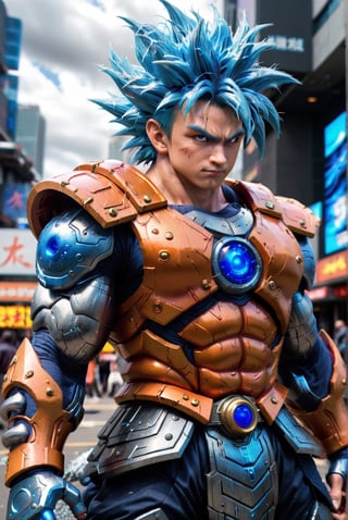 Super detailed live-action Dragon Ball Goku, strong exaggerated body, surrounded by blue energy, wearing armor, cyberpunk city, movie environment.