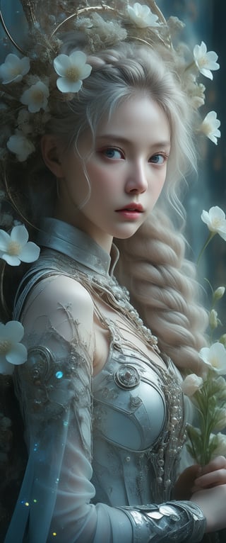 breathtaking ethereal RAW photo of female (A close-up portrait of an albino woman with pastel tones, depicted in a futuristic style. She has an intricate, elaborate hairstyle with multiple braids adorned with pearls and flowers, but with a modern twist. Her hair is white, and she has blue eyes with light freckles on her face. She is dressed in an opulent, high-tech outfit with metallic and holographic elements, and delicate jewelry with futuristic designs. The background is a sleek, high-tech interior with soft, ambient lighting that highlights the details of her attire and accessories. The overall aesthetic blends fantasy and science fiction, emphasizing intricate craftsmanship and a serene expression.

 )), dark and moody style, perfect face, outstretched perfect hands . masterpiece, professional, award-winning, intricate details, ultra high detailed, 64k, dramatic light, volumetric light, dynamic lighting, Epic, splash art .. ), by james jean $, roby dwi antono $, ross tran $. francis bacon $, michal mraz $, adrian ghenie $, petra cortright $, gerhard richter $, takato yamamoto $, ashley wood, tense atmospheric, , , , sooyaaa,IMGFIX,Comic Book-Style,Movie Aesthetic,action shot,photo r3al,bad quality image,oil painting, cinematic moviemaker style,Japan Vibes,H effect,koh_yunjung ,koh_yunjung,kwon-nara,sooyaaa,colorful,bones,skulls,armor,han-hyoju-xl
,DonMn1ghtm4reXL, ct-fujiii,ct-jeniiii, ct-goeuun,mad-cyberspace,FuturEvoLab-mecha,cinematic_grain_of_film,a frame of a animated film of,score_9,3D,style akirafilm,Wellington22A