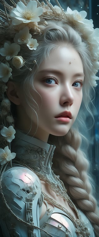 breathtaking ethereal RAW photo of female (A close-up portrait of an albino woman with pastel tones, depicted in a futuristic style. She has an intricate, elaborate hairstyle with multiple braids adorned with pearls and flowers, but with a modern twist. Her hair is white, and she has blue eyes with light freckles on her face. She is dressed in an opulent, high-tech outfit with metallic and holographic elements, and delicate jewelry with futuristic designs. The background is a sleek, high-tech interior with soft, ambient lighting that highlights the details of her attire and accessories. The overall aesthetic blends fantasy and science fiction, emphasizing intricate craftsmanship and a serene expression.

 )), dark and moody style, perfect face, outstretched perfect hands . masterpiece, professional, award-winning, intricate details, ultra high detailed, 64k, dramatic light, volumetric light, dynamic lighting, Epic, splash art .. ), by james jean $, roby dwi antono $, ross tran $. francis bacon $, michal mraz $, adrian ghenie $, petra cortright $, gerhard richter $, takato yamamoto $, ashley wood, tense atmospheric, , , , sooyaaa,IMGFIX,Comic Book-Style,Movie Aesthetic,action shot,photo r3al,bad quality image,oil painting, cinematic moviemaker style,Japan Vibes,H effect,koh_yunjung ,koh_yunjung,kwon-nara,sooyaaa,colorful,bones,skulls,armor,han-hyoju-xl
,DonMn1ghtm4reXL, ct-fujiii,ct-jeniiii, ct-goeuun,mad-cyberspace,FuturEvoLab-mecha,cinematic_grain_of_film,a frame of a animated film of,score_9,3D,style akirafilm,Wellington22A