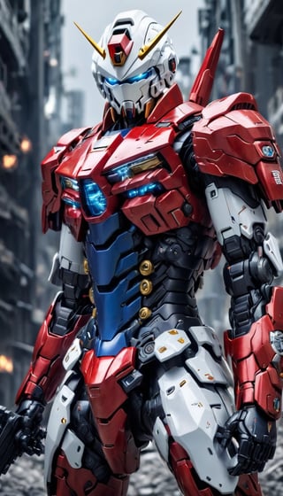 Best quality, original photos,
(Red, white and black Gundam and cute young white-haired Japanese male operator: 1.2),
The male officer standing at the front,
Behind it stands a red, blue and yellow heavy armored combat robot.
Huge, cybertoid, watch cam, full body, bold lines, very detailed,
(real: 1.4), (internal illumination: 1.4) (fractal: 0.1),
white, sharp focus, masterpiece, high quality,
Shallow depth of field detailed background,
The background is a blurry heavy industry science fiction scene,
convey depth and complexity