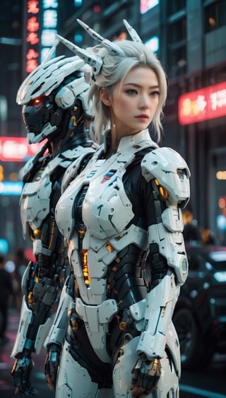 Best quality, Raw photo, 
(a Gundam and A young and white color hair cute japanese female operator: 1.2)，
female officer standing foreground ,
Heavy armored battle robot standing behind，
huge, cybertoid, look at cam, full body, bold lines, highly detailed, 
(realistic:1.4), （indoor lighting: 1.4）(fractal:0.1), 
White color, sharp focus, masterpiece, high quality, 
shallow depth of field detailed background,
The background is a blurred Heavy industryscience-fiction setting, 
conveying depth and complexity