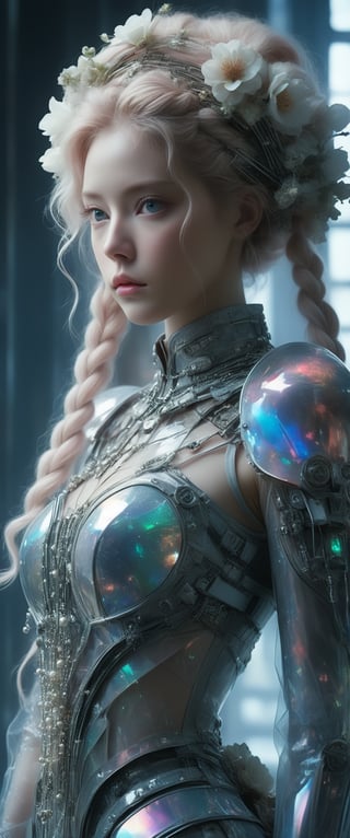 breathtaking ethereal RAW photo of female (A close-up portrait of an albino woman with pastel tones, depicted in a futuristic style. She has an intricate, elaborate hairstyle with multiple braids adorned with pearls and flowers, but with a modern twist. Her hair is white, and she has blue eyes with light freckles on her face. She is dressed in an opulent, high-tech outfit with metallic and holographic elements, and delicate jewelry with futuristic designs. The background is a sleek, high-tech interior with soft, ambient lighting that highlights the details of her attire and accessories. The overall aesthetic blends fantasy and science fiction, emphasizing intricate craftsmanship and a serene expression.

 )), dark and moody style, perfect face, outstretched perfect hands . masterpiece, professional, award-winning, intricate details, ultra high detailed, 64k, dramatic light, volumetric light, dynamic lighting, Epic, splash art .. ), by james jean $, roby dwi antono $, ross tran $. francis bacon $, michal mraz $, adrian ghenie $, petra cortright $, gerhard richter $, takato yamamoto $, ashley wood, tense atmospheric, , , , sooyaaa,IMGFIX,Comic Book-Style,Movie Aesthetic,action shot,photo r3al,bad quality image,oil painting, cinematic moviemaker style,Japan Vibes,H effect,koh_yunjung ,koh_yunjung,kwon-nara,sooyaaa,colorful,bones,skulls,armor,han-hyoju-xl
,DonMn1ghtm4reXL, ct-fujiii,ct-jeniiii, ct-goeuun,mad-cyberspace,FuturEvoLab-mecha,cinematic_grain_of_film,a frame of a animated film of,score_9,3D,style akirafilm,Wellington22A