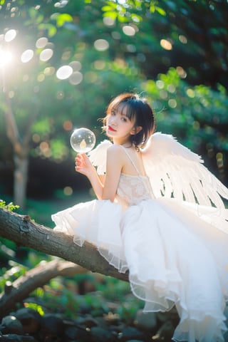 miniature world, a small angel, chibi, lovely white dress, sitting on a branch, in the woods, holding a glowing ice star, magical, fantasy, dreamy, . shallow depth of field, vignette, highly detailed, high budget, bokeh, cinemascope, moody, epic, gorgeous, film grain, grainy, cinematic film, alive,