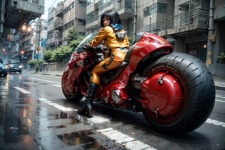 (Realistic, Photorealistic: 1.3), Original, Masterpiece, 16K, High Contrast, (Highest Resolution Illustration), Photorealistic: 1.3, Side Light, ((Exquisite Details and Textures)), Cinematic Shot, Ultra Realistic Photo, Siena Natural Proportions, Full Body View, ((White Short Hair, Bangs)), ((1 Girl on Motorcycle, Starcraft 2 Novaphoto, Wearing Yellow Tight Leather Jacket)), Detailed Face, Abdomen, ((Perfect Details Kaneda Motorcycle)), (AKIRA), Cyberpunk City Night, ((Futuristic)), sprbk