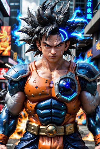 Super detailed live-action Dragon Ball Goku, strong exaggerated body, surrounded by blue energy, wearing armor, cyberpunk city, movie environment.