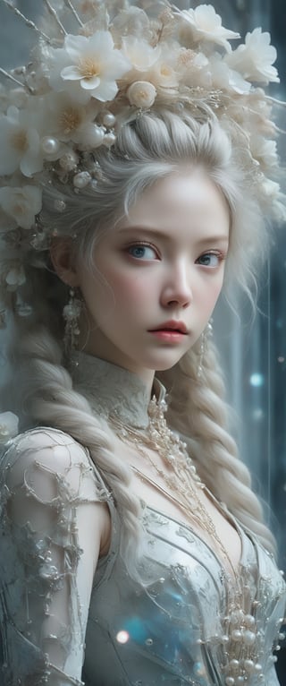 breathtaking ethereal RAW photo of female (A close-up portrait of an albino woman with pastel tones, depicted in a futuristic style. She has an intricate, elaborate hairstyle with multiple braids adorned with pearls and flowers, but with a modern twist. Her hair is white, and she has blue eyes with light freckles on her face. She is dressed in an opulent, high-tech outfit with metallic and holographic elements, and delicate jewelry with futuristic designs. The background is a sleek, high-tech interior with soft, ambient lighting that highlights the details of her attire and accessories. The overall aesthetic blends fantasy and science fiction, emphasizing intricate craftsmanship and a serene expression.

 )), dark and moody style, perfect face, outstretched perfect hands . masterpiece, professional, award-winning, intricate details, ultra high detailed, 64k, dramatic light, volumetric light, dynamic lighting, Epic, splash art .. ), by james jean $, roby dwi antono $, ross tran $. francis bacon $, michal mraz $, adrian ghenie $, petra cortright $, gerhard richter $, takato yamamoto $, ashley wood, tense atmospheric, , , , sooyaaa,IMGFIX,Comic Book-Style,Movie Aesthetic,action shot,photo r3al,bad quality image,oil painting, cinematic moviemaker style,Japan Vibes,H effect,koh_yunjung ,koh_yunjung,kwon-nara,sooyaaa,colorful,bones,skulls,armor,han-hyoju-xl
,DonMn1ghtm4reXL, ct-fujiii,ct-jeniiii, ct-goeuun,mad-cyberspace,FuturEvoLab-mecha,cinematic_grain_of_film,a frame of a animated film of,score_9,3D,style akirafilm,Wellington22A