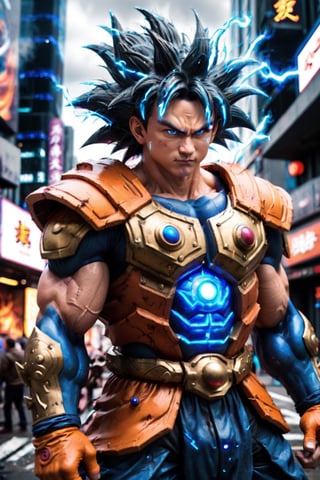 Super detailed live-action Dragon Ball Goku, strong exaggerated body, surrounded by blue energy, wearing armor, cyberpunk city, movie environment.