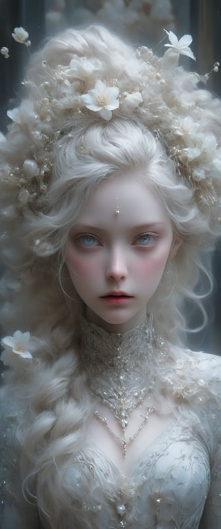 breathtaking ethereal RAW photo of female (A close-up portrait of an albino woman with pastel tones, depicted in a futuristic style. She has an intricate, elaborate hairstyle with multiple braids adorned with pearls and flowers, but with a modern twist. Her hair is white, and she has blue eyes with light freckles on her face. She is dressed in an opulent, high-tech outfit with metallic and holographic elements, and delicate jewelry with futuristic designs. The background is a sleek, high-tech interior with soft, ambient lighting that highlights the details of her attire and accessories. The overall aesthetic blends fantasy and science fiction, emphasizing intricate craftsmanship and a serene expression.

 )), dark and moody style, perfect face, outstretched perfect hands . masterpiece, professional, award-winning, intricate details, ultra high detailed, 64k, dramatic light, volumetric light, dynamic lighting, Epic, splash art .. ), by james jean $, roby dwi antono $, ross tran $. francis bacon $, michal mraz $, adrian ghenie $, petra cortright $, gerhard richter $, takato yamamoto $, ashley wood, tense atmospheric, , , , sooyaaa,IMGFIX,Comic Book-Style,Movie Aesthetic,action shot,photo r3al,bad quality image,oil painting, cinematic moviemaker style,Japan Vibes,H effect,koh_yunjung ,koh_yunjung,kwon-nara,sooyaaa,colorful,bones,skulls,armor,han-hyoju-xl
,DonMn1ghtm4reXL, ct-fujiii,ct-jeniiii, ct-goeuun,mad-cyberspace,FuturEvoLab-mecha,cinematic_grain_of_film,a frame of a animated film of,score_9,3D,style akirafilm,Wellington22A