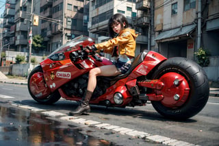 (realistic, photo-Realistic:1.3),raw photo,masterpiece,16K,high contrast, (highest resolution illustration),photorealistic:1.3, sidelighting, ((Exquisite details and textures)),cinematic shot,ultra realistic photo, siena natural ratio,full body view, ((white short hairstyle with blunt bangs)), ((1 girl on motorcycle in yellow color tight leather jacket)), Detailedface,Midriff,((prefect detail Kaneda Motorcycle)),(AKIRA),cyberpunk city night, ((futuristic)),sprbk