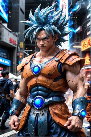 Super detailed live-action Dragon Ball Goku, strong exaggerated body, surrounded by blue energy, wearing armor, cyberpunk city, movie environment.