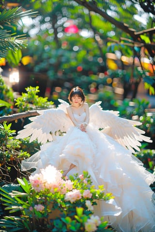 miniature world, a small angel, chibi, lovely white dress, sitting on a branch, in the woods, holding a glowing ice star, magical, fantasy, dreamy, . shallow depth of field, vignette, highly detailed, high budget, bokeh, cinemascope, moody, epic, gorgeous, film grain, grainy, cinematic film, alive,