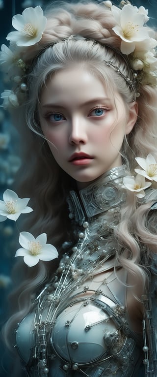 breathtaking ethereal RAW photo of female (A close-up portrait of an albino woman with pastel tones, depicted in a futuristic style. She has an intricate, elaborate hairstyle with multiple braids adorned with pearls and flowers, but with a modern twist. Her hair is white, and she has blue eyes with light freckles on her face. She is dressed in an opulent, high-tech outfit with metallic and holographic elements, and delicate jewelry with futuristic designs. The background is a sleek, high-tech interior with soft, ambient lighting that highlights the details of her attire and accessories. The overall aesthetic blends fantasy and science fiction, emphasizing intricate craftsmanship and a serene expression.

 )), dark and moody style, perfect face, outstretched perfect hands . masterpiece, professional, award-winning, intricate details, ultra high detailed, 64k, dramatic light, volumetric light, dynamic lighting, Epic, splash art .. ), by james jean $, roby dwi antono $, ross tran $. francis bacon $, michal mraz $, adrian ghenie $, petra cortright $, gerhard richter $, takato yamamoto $, ashley wood, tense atmospheric, , , , sooyaaa,IMGFIX,Comic Book-Style,Movie Aesthetic,action shot,photo r3al,bad quality image,oil painting, cinematic moviemaker style,Japan Vibes,H effect,koh_yunjung ,koh_yunjung,kwon-nara,sooyaaa,colorful,bones,skulls,armor,han-hyoju-xl
,DonMn1ghtm4reXL, ct-fujiii,ct-jeniiii, ct-goeuun,mad-cyberspace,FuturEvoLab-mecha,cinematic_grain_of_film,a frame of a animated film of,score_9,3D,style akirafilm,Wellington22A