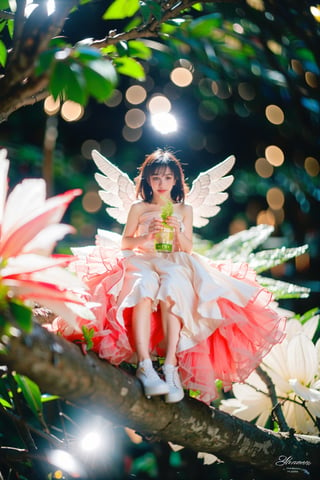 miniature world, a small angel, chibi, lovely white dress, sitting on a branch, in the woods, holding a glowing ice star, magical, fantasy, dreamy, . shallow depth of field, vignette, highly detailed, high budget, bokeh, cinemascope, moody, epic, gorgeous, film grain, grainy, cinematic film, alive,