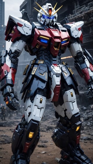 Best quality, original photos,
(Red, white and black Gundam and men: 1.2), strong body
The male officer standing at the front,
Behind it stands a red, blue and yellow heavy armored combat robot.
Huge, cybertoid, watch cam, full body, bold lines, very detailed,
(real: 1.4), (internal illumination: 1.4) (fractal: 0.1),
white, sharp focus, masterpiece, high quality,
Shallow depth of field detailed background,
The background is a blurry science fiction scene,
convey depth and complexity