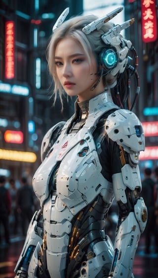 Best quality, Raw photo, 
(a Gundam and A young and white color hair cute japanese female operator: 1.2)，
female officer standing foreground ,
Heavy armored battle robot standing behind，
huge, cybertoid, look at cam, full body, bold lines, highly detailed, 
(realistic:1.4), （indoor lighting: 1.4）(fractal:0.1), 
White color, sharp focus, masterpiece, high quality, 
shallow depth of field detailed background,
The background is a blurred Heavy industryscience-fiction setting, 
conveying depth and complexity