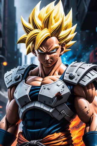 Super detailed Dragon Ball Goku, strong exaggerated body, body emitting flames, wearing armor, cyberpunk city, movie environment.