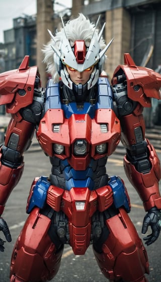 Best quality, original photos,
(Red, white and black Gundam and cute young white-haired Japanese male operator: 1.2),
The male officer standing at the front,
Behind it stands a red, blue and yellow heavy armored combat robot.
Huge, cybertoid, watch cam, full body, bold lines, very detailed,
(real: 1.4), (internal illumination: 1.4) (fractal: 0.1),
white, sharp focus, masterpiece, high quality,
Shallow depth of field detailed background,
The background is a blurry heavy industry science fiction scene,
convey depth and complexity