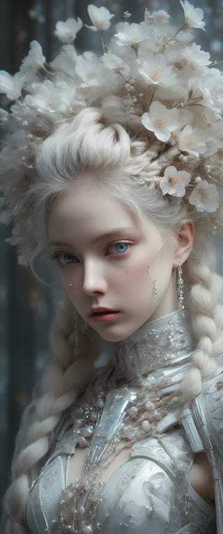 breathtaking ethereal RAW photo of female (A close-up portrait of an albino woman with pastel tones, depicted in a futuristic style. She has an intricate, elaborate hairstyle with multiple braids adorned with pearls and flowers, but with a modern twist. Her hair is white, and she has blue eyes with light freckles on her face. She is dressed in an opulent, high-tech outfit with metallic and holographic elements, and delicate jewelry with futuristic designs. The background is a sleek, high-tech interior with soft, ambient lighting that highlights the details of her attire and accessories. The overall aesthetic blends fantasy and science fiction, emphasizing intricate craftsmanship and a serene expression.

 )), dark and moody style, perfect face, outstretched perfect hands . masterpiece, professional, award-winning, intricate details, ultra high detailed, 64k, dramatic light, volumetric light, dynamic lighting, Epic, splash art .. ), by james jean $, roby dwi antono $, ross tran $. francis bacon $, michal mraz $, adrian ghenie $, petra cortright $, gerhard richter $, takato yamamoto $, ashley wood, tense atmospheric, , , , sooyaaa,IMGFIX,Comic Book-Style,Movie Aesthetic,action shot,photo r3al,bad quality image,oil painting, cinematic moviemaker style,Japan Vibes,H effect,koh_yunjung ,koh_yunjung,kwon-nara,sooyaaa,colorful,bones,skulls,armor,han-hyoju-xl
,DonMn1ghtm4reXL, ct-fujiii,ct-jeniiii, ct-goeuun,mad-cyberspace,FuturEvoLab-mecha,cinematic_grain_of_film,a frame of a animated film of,score_9,3D,style akirafilm,Wellington22A