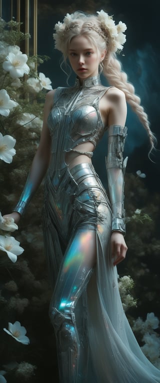 breathtaking ethereal RAW photo of female (A close-up portrait of an albino woman with pastel tones, depicted in a futuristic style. She has an intricate, elaborate hairstyle with multiple braids adorned with pearls and flowers, but with a modern twist. Her hair is white, and she has blue eyes with light freckles on her face. She is dressed in an opulent, high-tech outfit with metallic and holographic elements, and delicate jewelry with futuristic designs. The background is a sleek, high-tech interior with soft, ambient lighting that highlights the details of her attire and accessories. The overall aesthetic blends fantasy and science fiction, emphasizing intricate craftsmanship and a serene expression.

 )), dark and moody style, perfect face, outstretched perfect hands . masterpiece, professional, award-winning, intricate details, ultra high detailed, 64k, dramatic light, volumetric light, dynamic lighting, Epic, splash art .. ), by james jean $, roby dwi antono $, ross tran $. francis bacon $, michal mraz $, adrian ghenie $, petra cortright $, gerhard richter $, takato yamamoto $, ashley wood, tense atmospheric, , , , sooyaaa,IMGFIX,Comic Book-Style,Movie Aesthetic,action shot,photo r3al,bad quality image,oil painting, cinematic moviemaker style,Japan Vibes,H effect,koh_yunjung ,koh_yunjung,kwon-nara,sooyaaa,colorful,bones,skulls,armor,han-hyoju-xl
,DonMn1ghtm4reXL, ct-fujiii,ct-jeniiii, ct-goeuun,mad-cyberspace,FuturEvoLab-mecha,cinematic_grain_of_film,a frame of a animated film of,score_9,3D,style akirafilm,Wellington22A